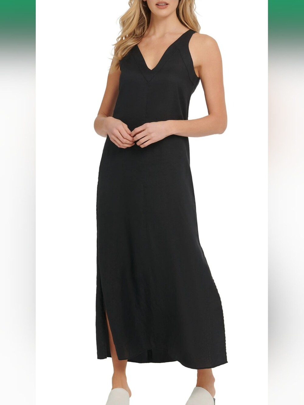 NWT DKNY Black V-Neck Linen Maxi Dress Sleeveless Slit - Women's Size Medium